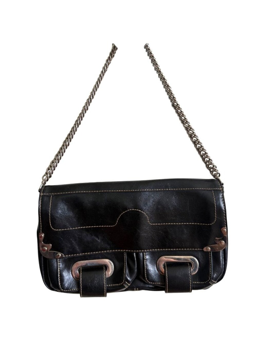Chinese Laundry Black Faux Leather Shoulder Bag Chain Strap Dual Front Pockets